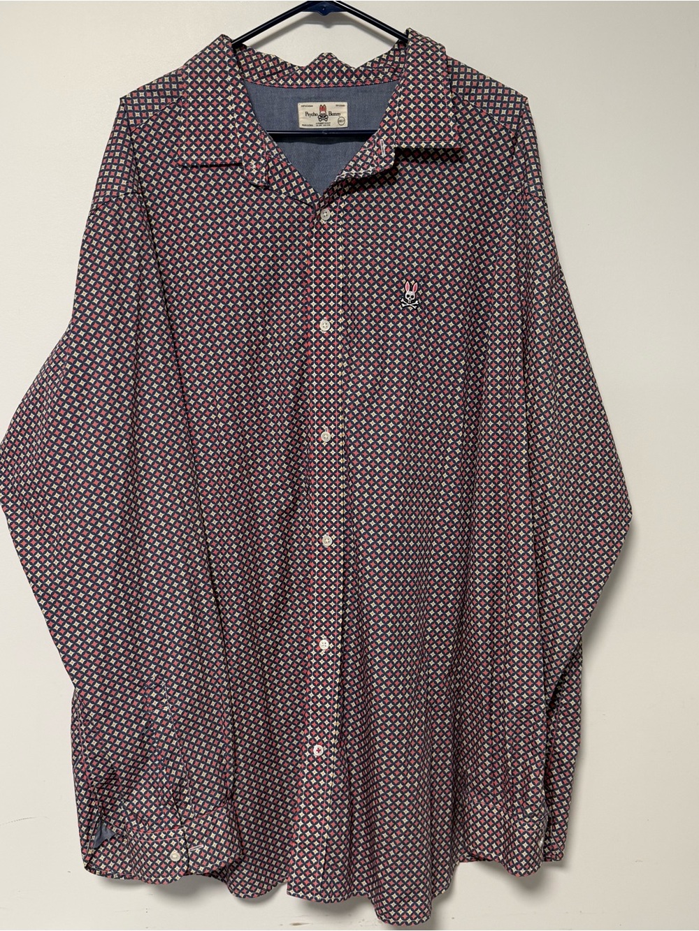Psycho Bunny Men's 2XLT Long Sleeve Button Up Shirt Geometric Print Cotton